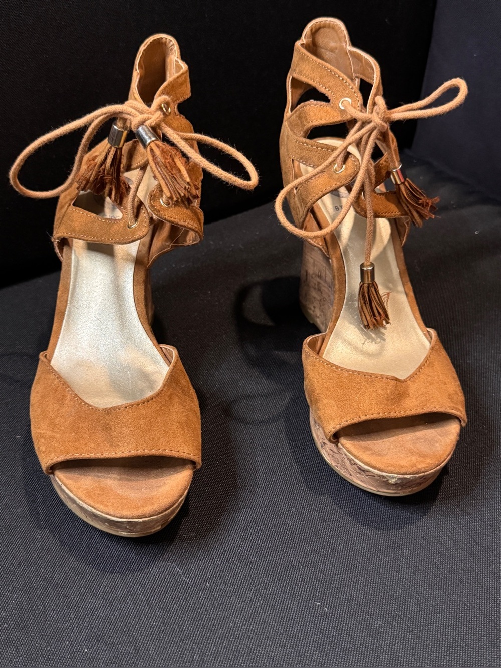 G by Guess Tan Suede Lace-Up Platform Wedges